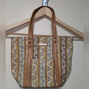 Longaberger Floral Stripe Tote Bag – Faux Leather Trim